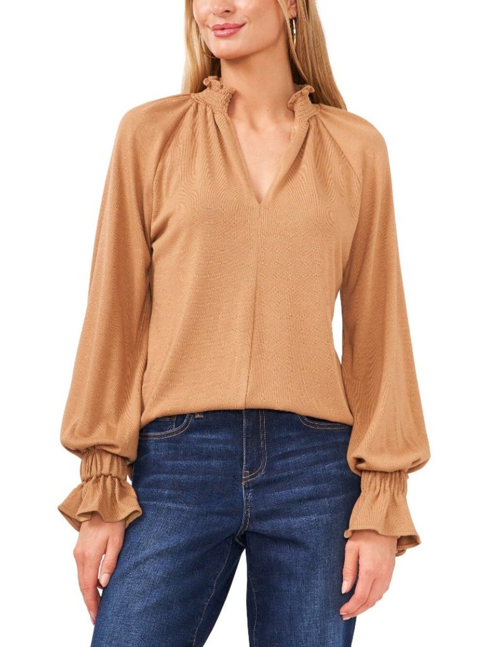 VINCE CAMUTO Womens Smocked Bell Cuffs Long Sleeve Sweater Beige Size XS NWT